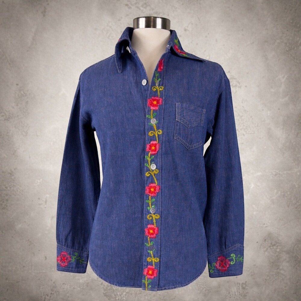 Vintage R.J. International Embroidered Denim Western Shirt Boho Floral XS S